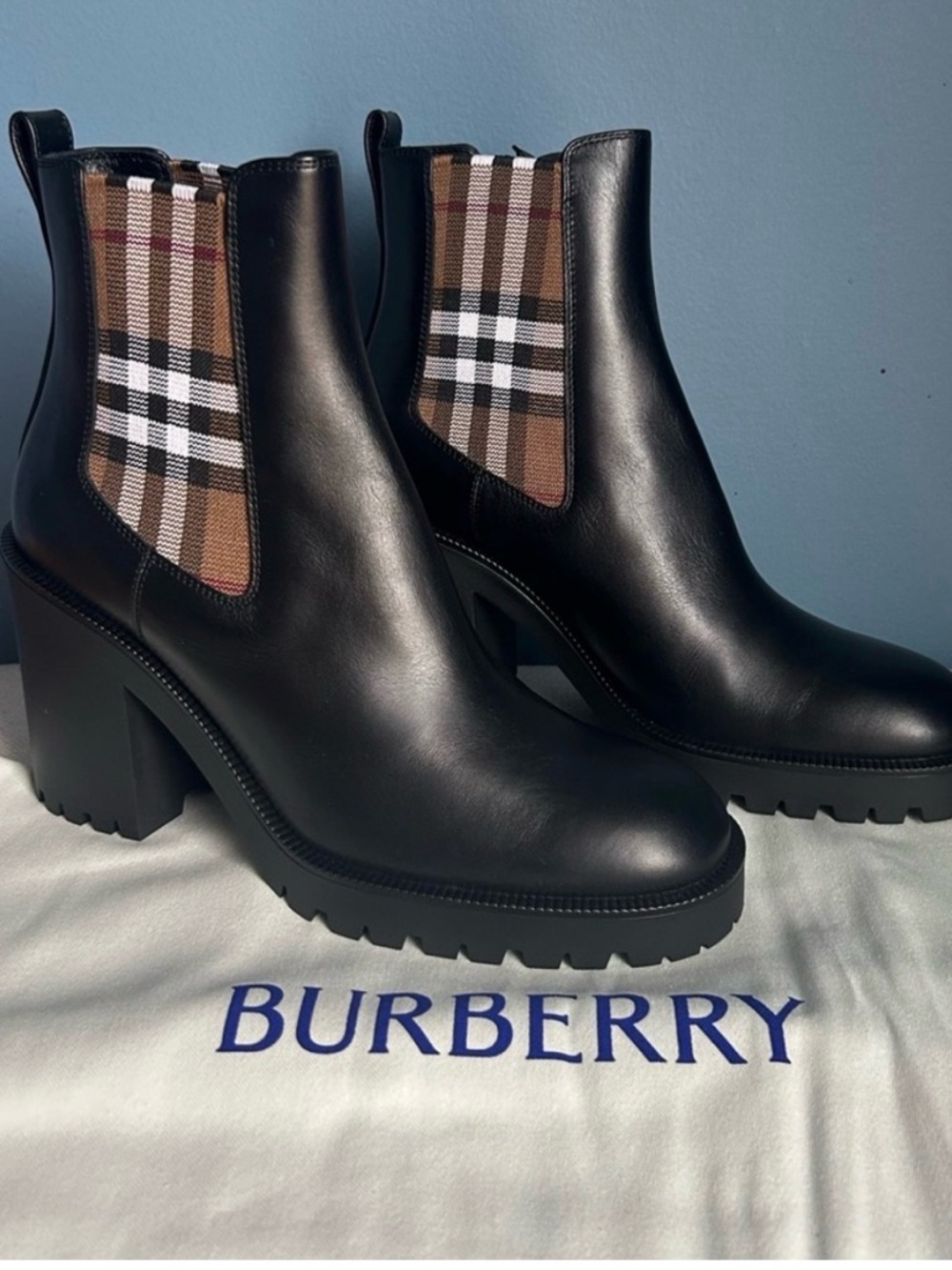 Burberry Check Panel Black Leather Ankle Boots